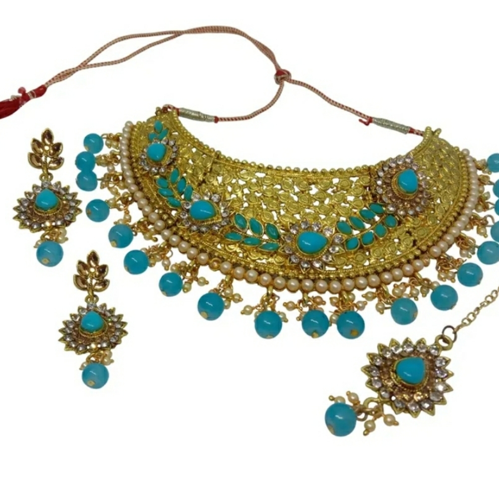 Gold Rodium Polish Blue Necklace in Metal Alloy with Austrian diamond